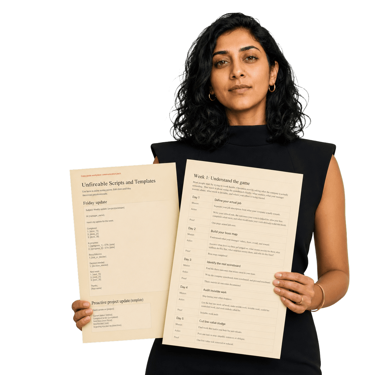 Ameera holding the Week 1 missions page and the Unfireable Scripts and Templates page