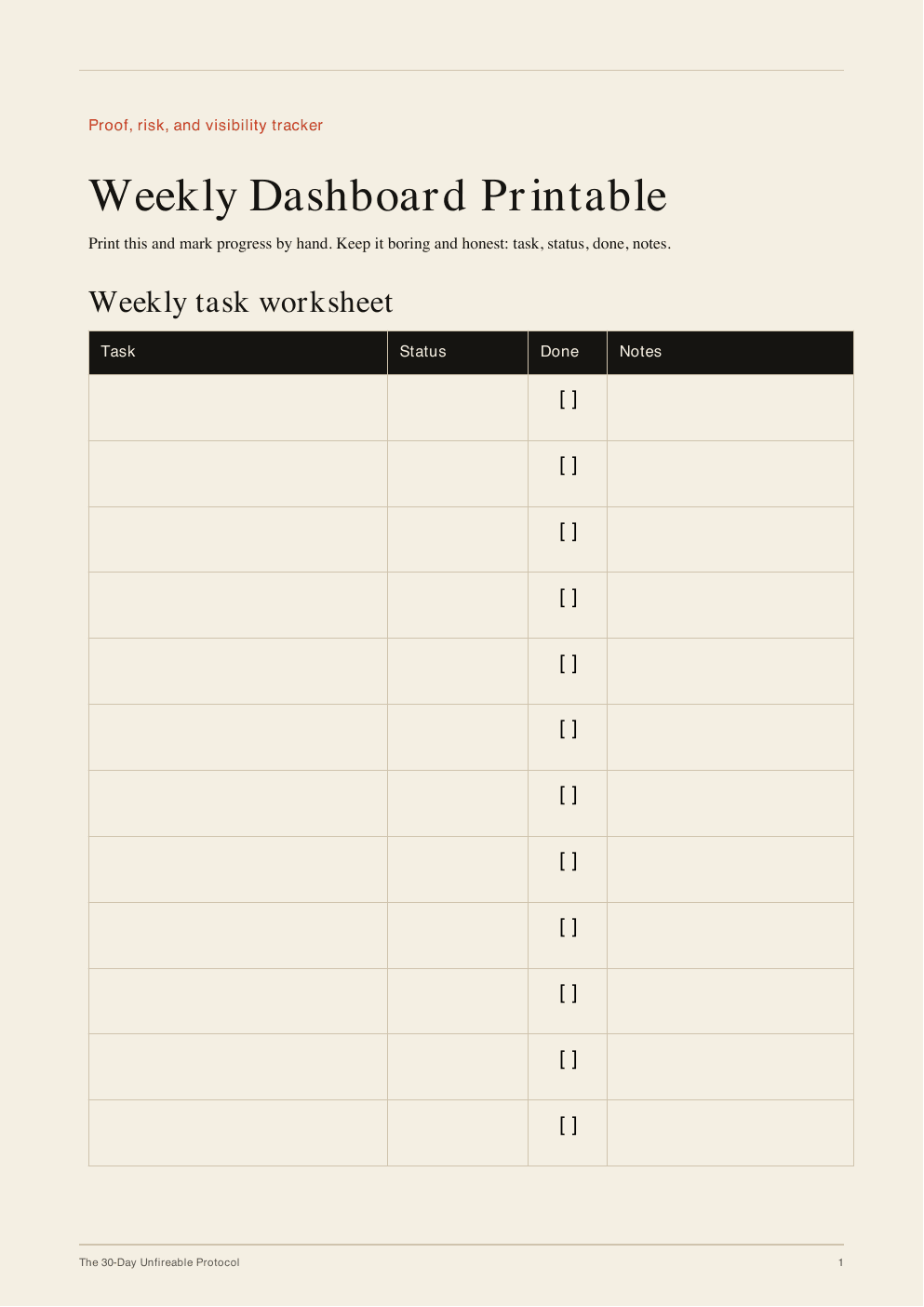 Printable weekly proof dashboard